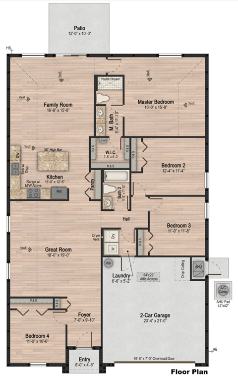 Floor plan for 4 beds, 2 baths, 2002 sqft
